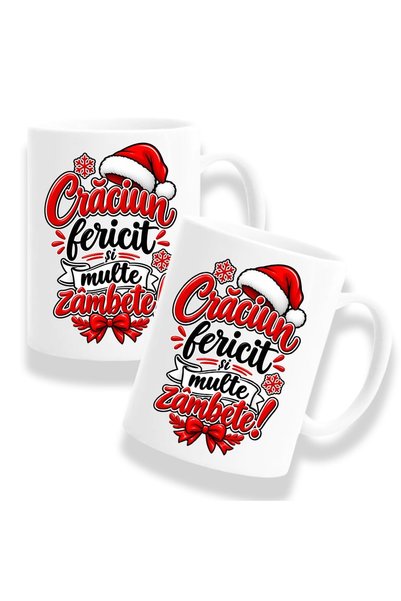 OEM Set de 2 căni cu mesaj: „Crăciun fericit și multe zâmbete!” alb, 330ml, c...