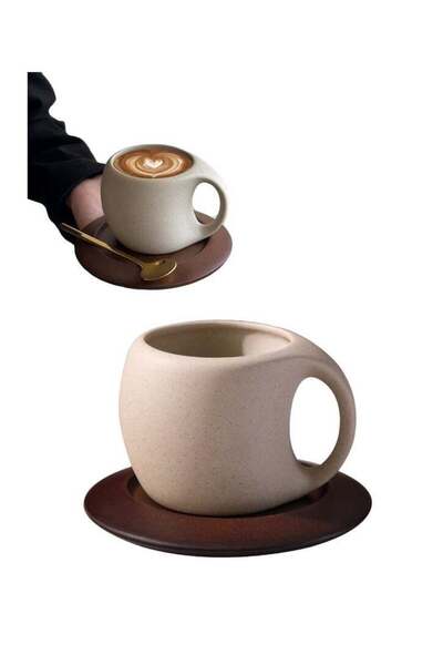 Generic Creative Rough Ceramic Coffee Mug with Wooden Cup Holder, Vintage Fro...