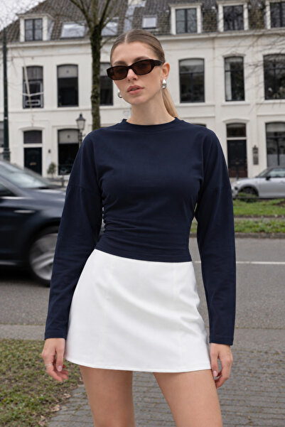 COMBİNE MİCHAİL Women's Daily Wear Navy Blue Crop Long Sleeve Blouse