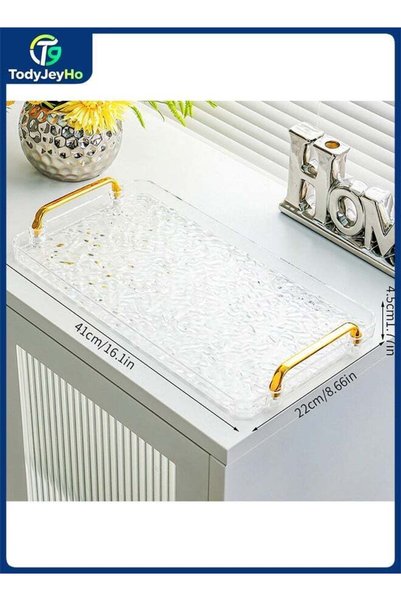 Generic 16 x 8.6 Inches Plastic Serving Tray with Golden Handles, Reusable Tr...