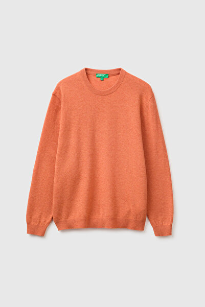 United Colors of Benetton Men's orange melange 100% merino crew neck sweater