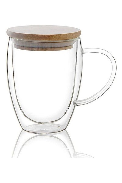 Generic Double Walled Glass Coffee Cups with Handle and Bamboo Lid Clear 350ml