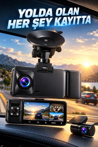 beemen 4K WiFi 3 Kameralı Araç İçi Kamera Ön Kabin Arka Kamera Gece Görüş G-Sensör WDR Döngüsel Kayıt