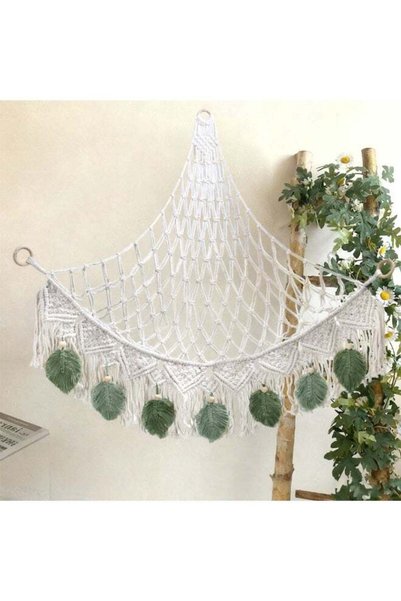 Generic Cotton rope triangular net bag hand-woven green tassel hanging net ba...