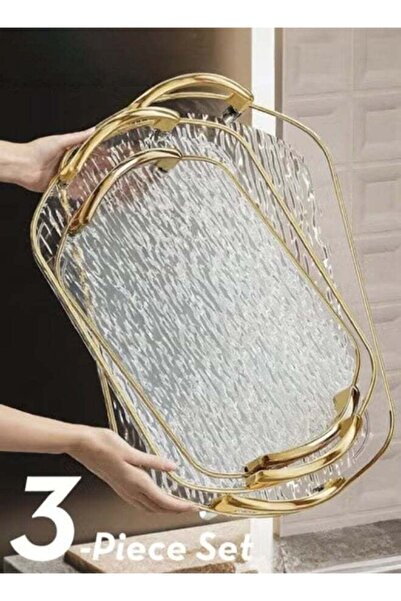 Generic 3 PCS Clear Serving Tray, With Polished Metal Handles, Serving Plate,...