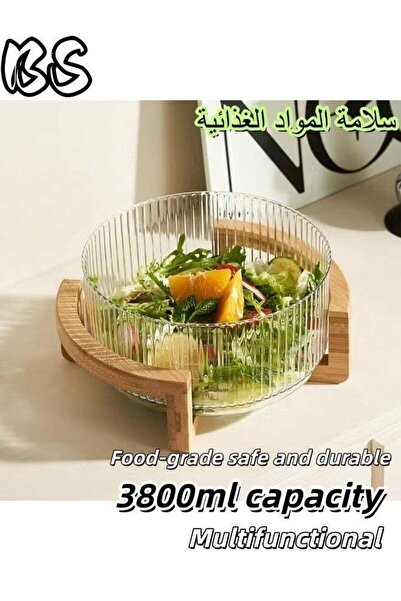 Generic BS 3800ml Striped Glass Salad Bowl with Wooden Base | Shatterproof an...