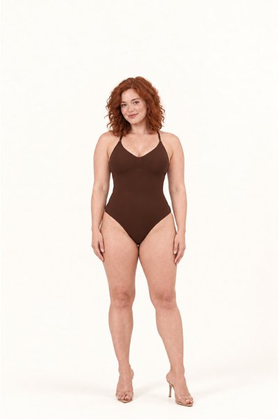 Formactive Women's Thin Strap V-Neck Stretchy Basic Body Corset, Adjustable Strap Casual Seamless Bodysuit - Coffee Frm01