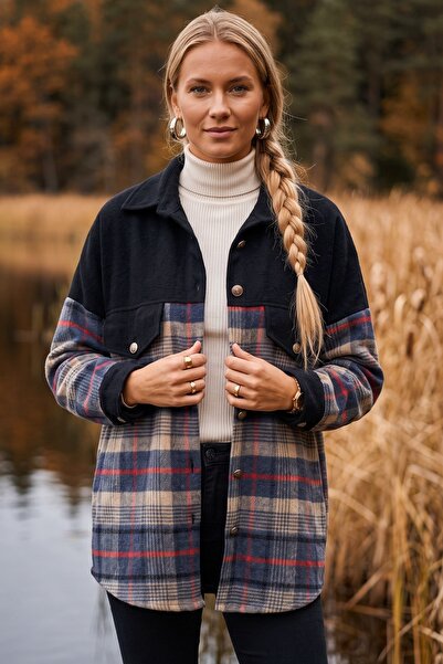 Chiccy Navy Blue Shirt with Collar and Cuffed Sleeves, Lumberjack Plaid Butto...