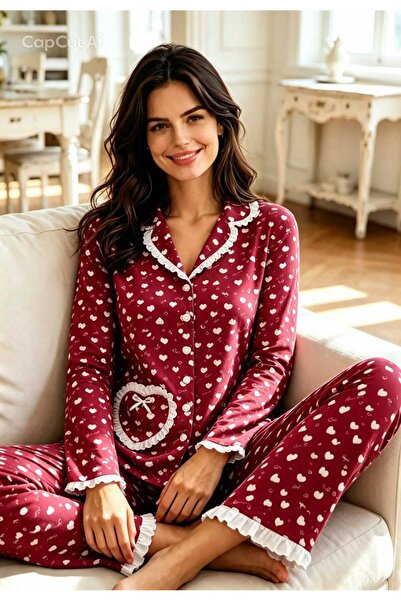 NiCe İç Giyim Women's Heart Patterned Buttoned Long Sleeve Pajama Set Comfort...