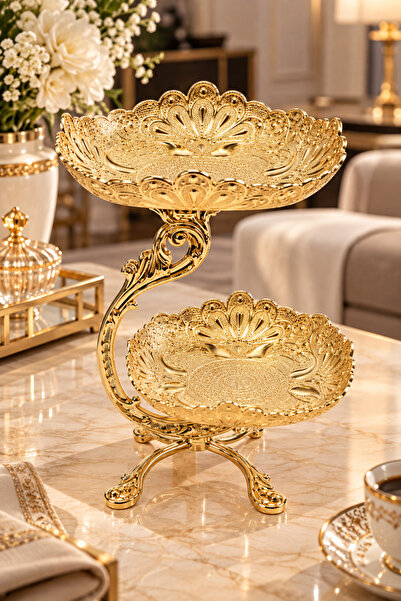 RASHA COLLECTION 2 Katlı Gold İşlemeli Kurabiyelik – Dekoratif Ayaklı Çerezli...