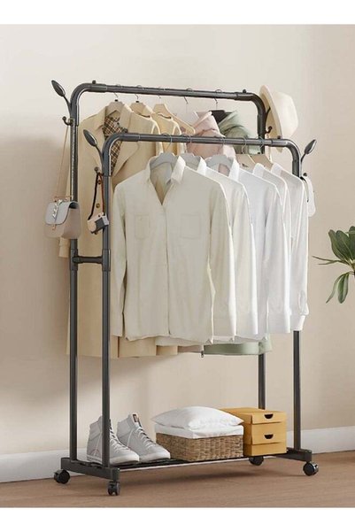 Generic Double Rods Clothes Rack with Roller, Metal Garment Rack with Shoe ra...