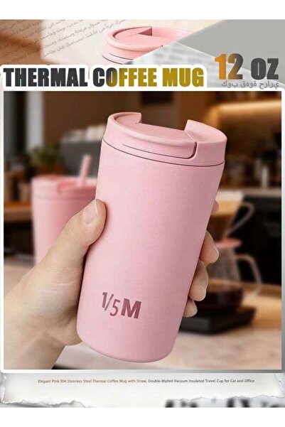 Generic Elegant Pink 304 Stainless Steel Thermal Coffee Mug with Straw, Doubl...