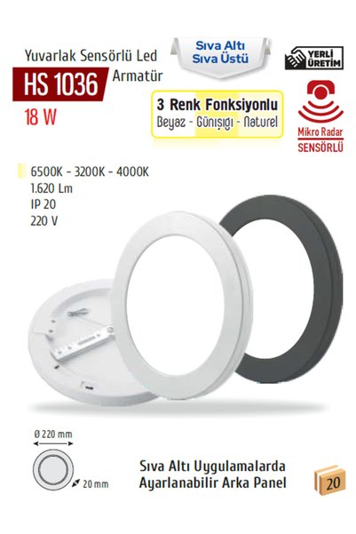 Helios Opto HS1036 18W Yuvarlak Sensörlü LED Armatür 3 Renk Mikro Radar Sensörlü Sıva Altı Sıva Üstü Beyaz Kasa