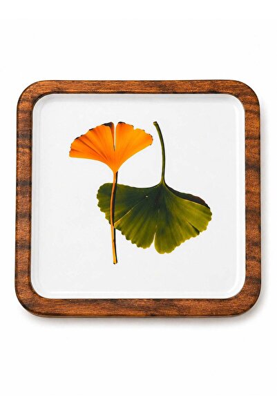 Generic 25 cm Acacia Wood Square Serving Tray with Leaf Print Enamel Coating ...