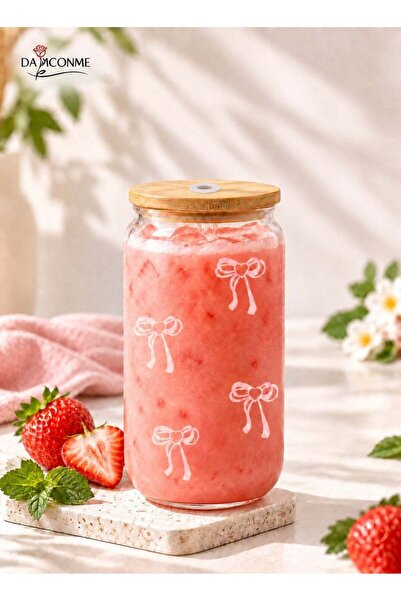Generic Cute Pink Bow Glass Cups with Lids and Straws, Aesthetic Iced Coffee ...