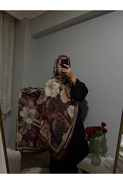 Kadın Çiçek Desenli Vintage Bambu Bordo Şal