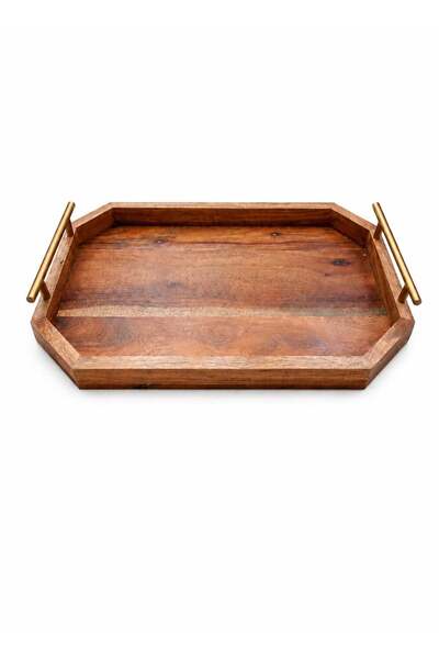 Generic Premium Rectangular Wood Serving Tray with Gold Metal Handles, Size: ...