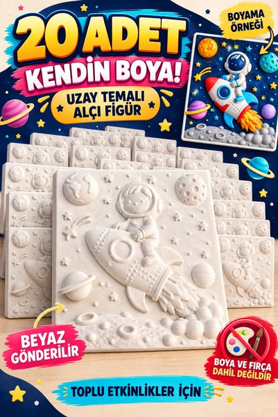 DEVBOX 20 Adet Kendin Boya Uzay Temalı Kabartmalı Alçı Boyama Seti Astronot R...