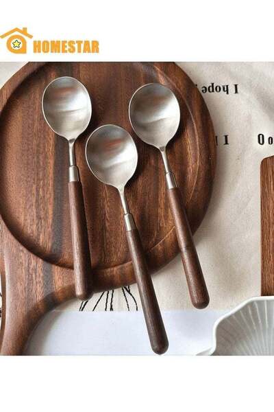 Generic 3-Piece Rustic Wooden Handle Dinner Spoon Set, Stainless Steel Servin...