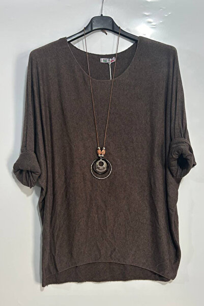 AYASOFYA OTANTIK Γυναικεία Ιταλική Καφέ Μπλούζα Πλεκτό Casual με Αξεσουάρ Κολιέ
