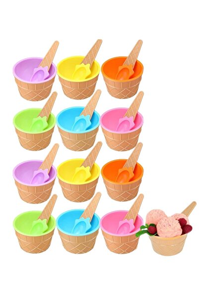 Generic 12 Pack Reusable Ice Cream Cups with Spoons - Plastic Bowls for Sunda...