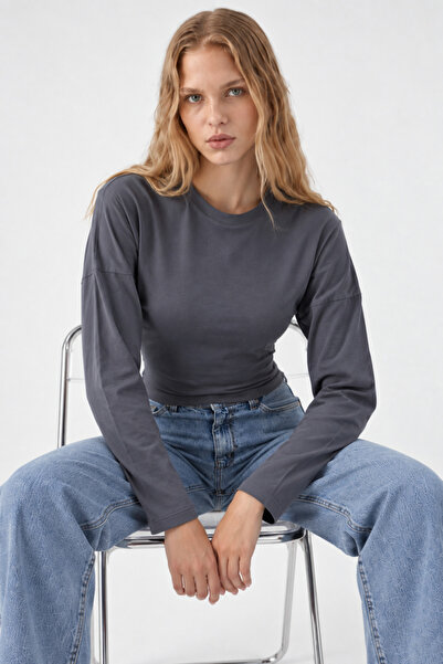 COMBİNE MİCHAİL Smoked Crew Neck Long Sleeve Crop Blouse