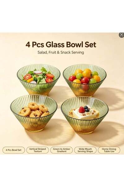 Generic Bamboo Hat Salad Bowl 4 PCS Vertical Striped Gradient Glass Serving B...