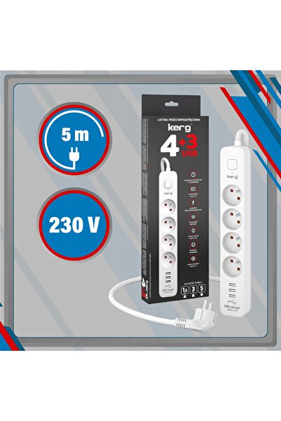 KERG Prelungitor alb cu protecție la supratensiune, 4 prize, 5m, 3x USB