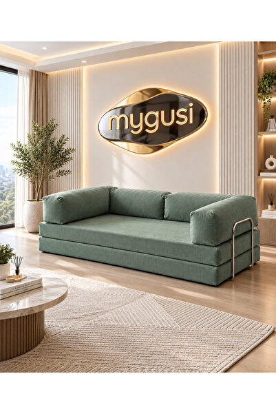 Mygusi Sorena 200 cm Fitilli Kadife Yataklı Kanepe & Dinlenme Koltuğu - Su Ye...