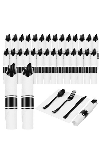 Generic Pre Rolled Disposable Utensils kit, Black Heavy Duty Cutlery Set Disp...