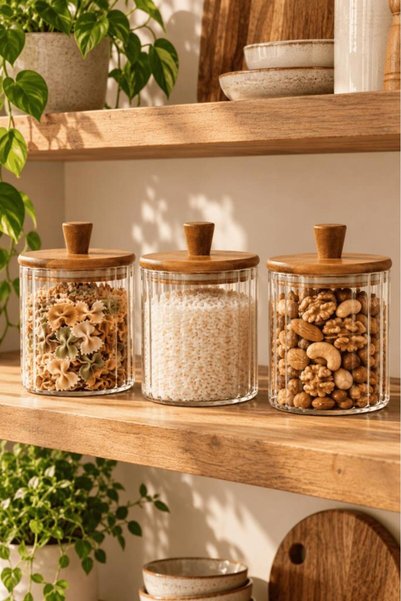 Atbyhome 3'lü Akasya Ahşap Kapaklı Çizgili Cam Kavanoz 600 ml - Vakumlu Erzak...