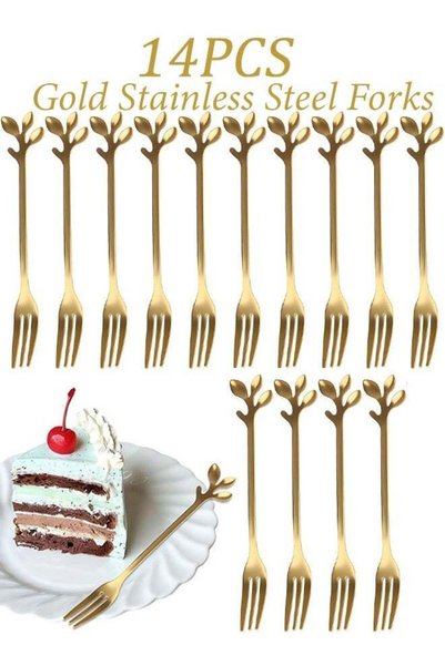 Generic 14 Pcs Gold Stainless Steel 4.7 Inch Dessert Fruit Forks Food Grade T...