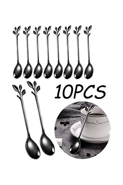 Generic 10 Pcs 4.7 Inch Black Stainless Steel Coffee Spoons Mini Leaf Sugar S...