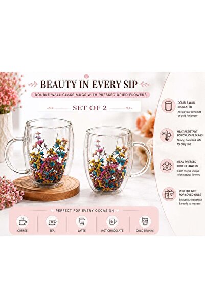 Generic Set of 2 Double Wall Glass Coffee Mugs with Pressed Dried Flowers | 3...