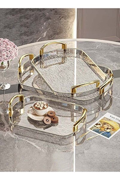 Generic Elegant 3-Piece Serving Tray Set - Clear Trays with Gold Handles for ...