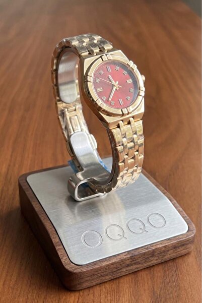 OQQO Calia Gold Cord Claret Red Stone Dial Women's Wristwatch