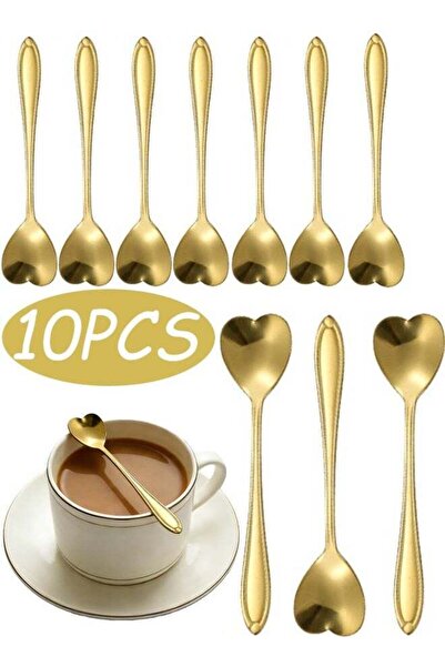 Generic 10 Pcs 4.8 Inch Heart Shaped Stainless Steel Spoons Gold Mini Tea Des...