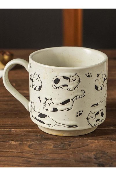 Generic Ceramic Mug, Coarse Pottery Cat Style, For Coffee Tea Cold Drinks, Mi...