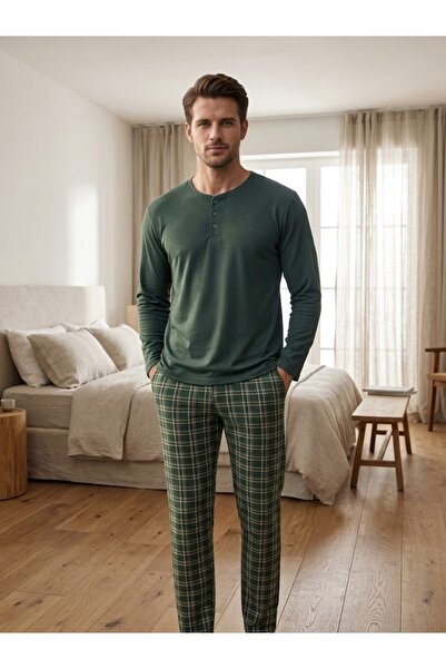 İpek Men's Long Sleeve Three Button Collar Plaid Pattern 100% Cotton Winter P...