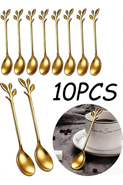 Generic 10 Pcs 4.7 Inch Gold Stainless Steel Coffee Spoons Mini Leaf Sugar Sp...