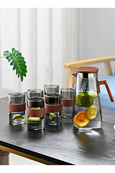 Generic 1400ml Borosilicate Glass Water Jug with Walnut Handle & Lid + 6pcs 2...