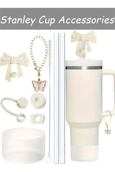 Generic Cute White Bow Stanley Cup Accessories Set Includes Straw Covers Stra...