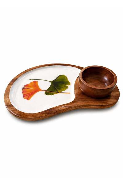 Generic 25 cm Acacia Wood Oval Chip & Dip Serving Platter with Leaf Print Ena...