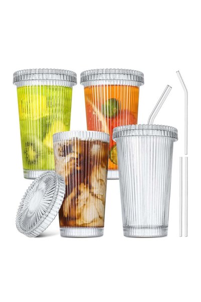 Generic Iced Coffee Cups , Ribbed Glassware with Lids and Straws, Drinking Gl...