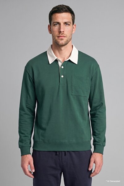 DeFacto 100% Cotton Relaxed Fit Contrast Polo Collar Slim Sweatshirt with Poc...