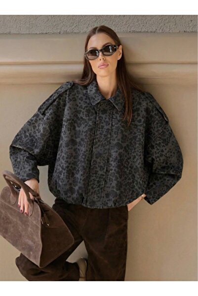talyambutik Women's Oversize Leopard Pattern Cotton Lined Zippered Suede Coat