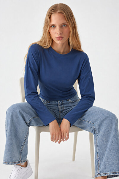 COMBİNE MİCHAİL Blue Crew Neck Long Sleeve Crop Blouse