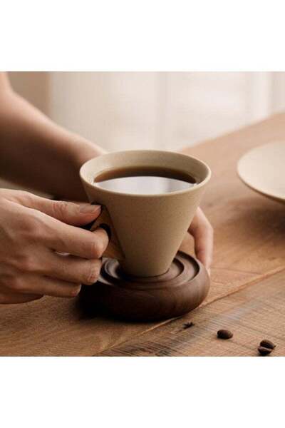 Generic Vintage Rustic Ceramic Coffee Cup with Wooden Handle, Cone Shape, Bei...