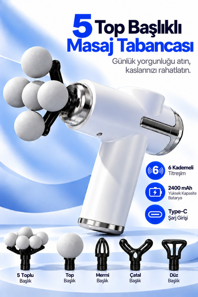 Abbruch Masaj Tabancası Yeni Nesil 5 Toplu 6 Hız Kademeli 5 Başlıklı 25W Güç ...