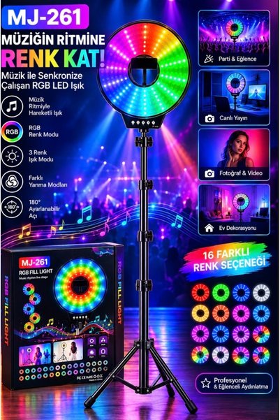 Voground MJ-261 RGB LED Ring Light Tripodlu Müzik Senkronize 16 Renkli Işık10 inç